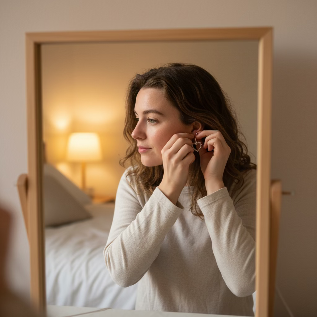 Heart-shaped earrings on a cardboard tag with 'Handmade with Love' text, surrounded by green leaves and tree bark.