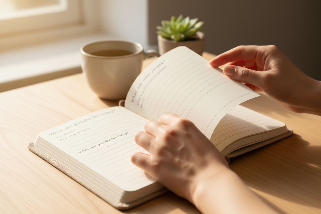 Someone flipping through MYGA self-care journal